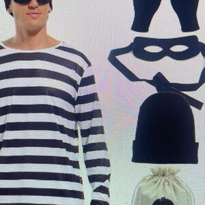 NWT Adult Men’s Robber Costume Set Classic Black & White Striped T-shirt Thief